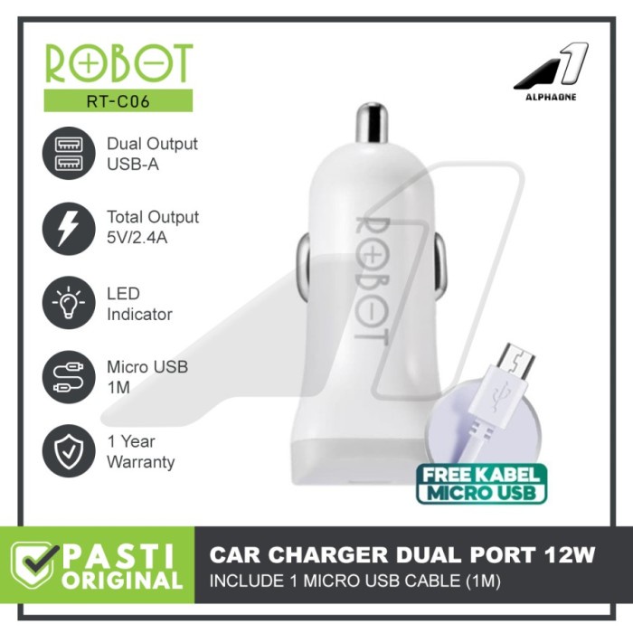 ROBOT Car Charger Dual Port RT C06 Car Charger Quick Charging 2 4A Temporary D8J3 ทนทานคุณภาพพรีเมี่