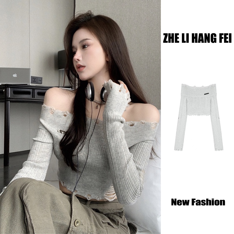 ZHELIHANGFEI เสื้อถักฉีกไหล่เดียวแขนยาวเอวสูงสะดือเพิ่มสาวร้อนเซ็กซี่