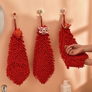 ผ้าเช็ดหน้า ผ้าขนหนู ลายการ์ตูนเทศกาลปีใหม่ Chenille สีแดง แบบสร้างสรรค์ สําหรับห้องครัว ห้องน้ํา