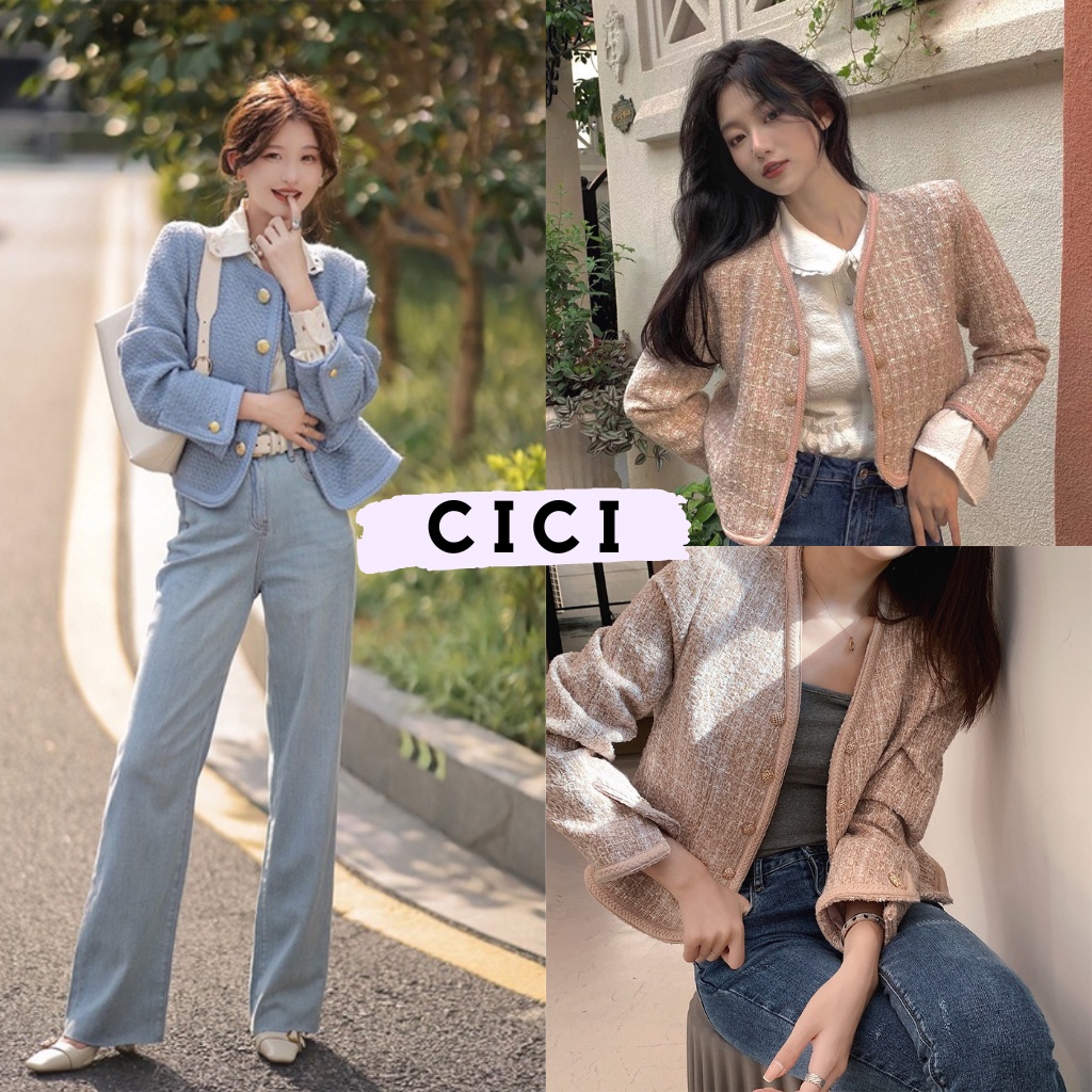 Cici(NO.Z5006)เสื้อแขนยาวผ้าทวิต แต่งกระดุมทอง ดีเทลชายไหมพรมถักลายเปียมีซับใน ทรงลูกคุณหนูมาก