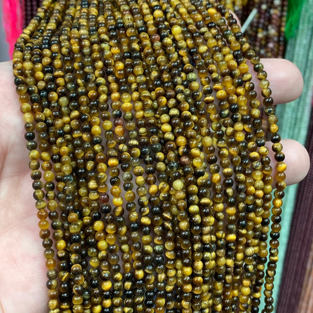 ตาเสือเหลือง พลอยตาเสือ หินแก้ชง Tiger's eye 3 mm ทรงกลม เส้นยาว