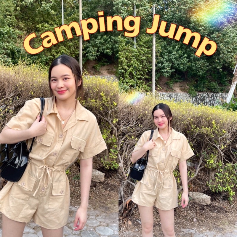 จั๊มสูทสไตล์แคมป์ปิ้งงานผ้าฝ้ายขาสั้นทรงสวย ดีเทลพับแขนเอวปรับระดับได้