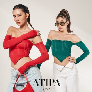 Atipashop - MIDDLE CROP เสื้อครอป ครอป ปาดไหล่ แขนยาว