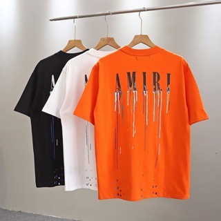 AMIRI High Street Men Casual Short Sleeve Tees Cotton Graffiti Letter Print Leather Tag Oversize Loose Holiday Couples T