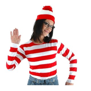 Wheres Wally Waldo Now ชุดเสื้อเชิ้ตคอสเพลย์ ลายทาง + หมวก + แว่นตา สําหรับปาร์ตี้ฮาโลวีน คริสต์มาส