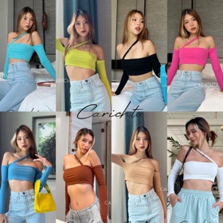 carichta ❤️‍🔥 SP crop เสื้อปาดไหล่ ครอป แขนยาว มีดีเทล สายไขว้ ผ้าริบร่อง เย็บ 2 ชั้น สายฝอ