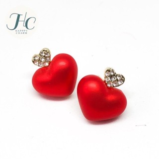 ต่างหูรูปหัวใจสีแดงสด ประดับเพชร สไตล์เกาหลี สวยหรูน่ารัก Heart Earrings