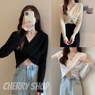 cherryshop พร้อมส่ง🔥เสื้อถัก🍒เสื้อไหมพรมตัวสั้น แขนยาว สไตล์เกาหลีหวานๆ