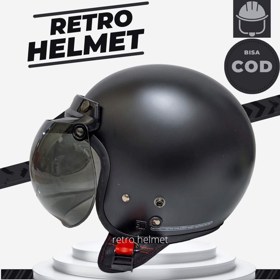 Hitam Bogo หมวกกันน็อคผู้หญิงหญิงผู้ใหญ่ Retro Classic Hijab แบนแก้วนูนเต็มคอธรรมดาสีดํา Doff SNI พร