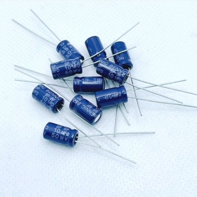 Capacitor ยี่ห้อ Bennic ค่า 10uF/50V. BP ไม่มีขั้ว สีน้ำเงิน (จำนวน​ 20 ตัว )​