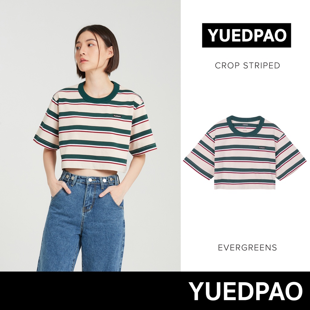 Yuedpao Crop Striped ผ้าหนาทรงสวย ยับยากรีดง่าย เสื้อยืดครอปผู้หญิง สี Evergreen