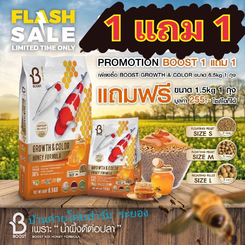 💥1 แถม​ 1  อาหารปลาคาร์ฟ Boost Growth & Color Honey Formula ขนาด 6.5 กก.