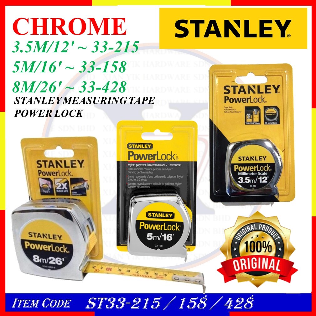 ST33 STANLEY POWER LOCK MEASURING TAPE (CHROME) / 33-215 (3.5M) / 33-158 (5M) / 33-428 (8M) 33215 / 