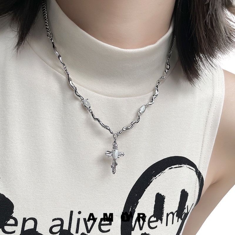 สร้อยคอไม้กางเขนอาเกตสีขาว เค้นคอ unisex