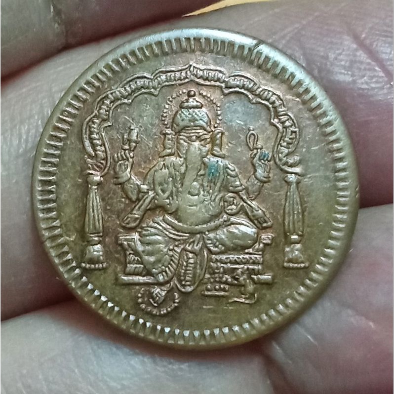เหรียญพระพิฆเนศ หลังยันต์ศรีจักรกา วัดแขก บล็อกอินเดีย  เนื้อทองแดงเก่า ปี2539 รหัส1165 ด้านหลังประทับมหายันต์ศรีจักรกา