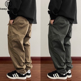 『Keep Casual』กางเกงเอี๊ยมผ้าฝ้ายทรงหลวมมีซิปหลายกระเป๋าสำหรั…