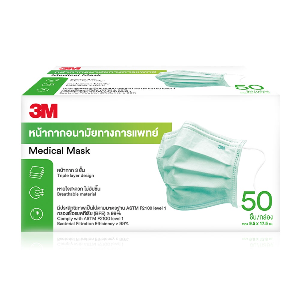 3M Nexcare Mask Medical Mask หน้ากากอนามัยสีเขียว (1 กล่อง 50 ชิ้น)