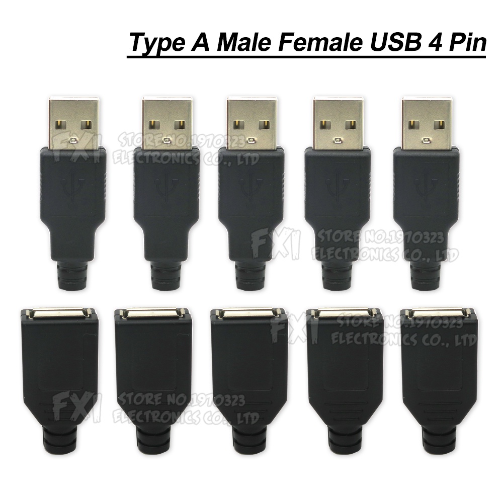 ปลั๊กซ็อกเก็ตเชื่อมต่อ USB 4 Pin Type A ตัวผู้ ตัวเมีย พร้อมฝาครอบพลาสติก สีดํา Type-A DIY 4P 5 ชิ้น ต่อล็อต