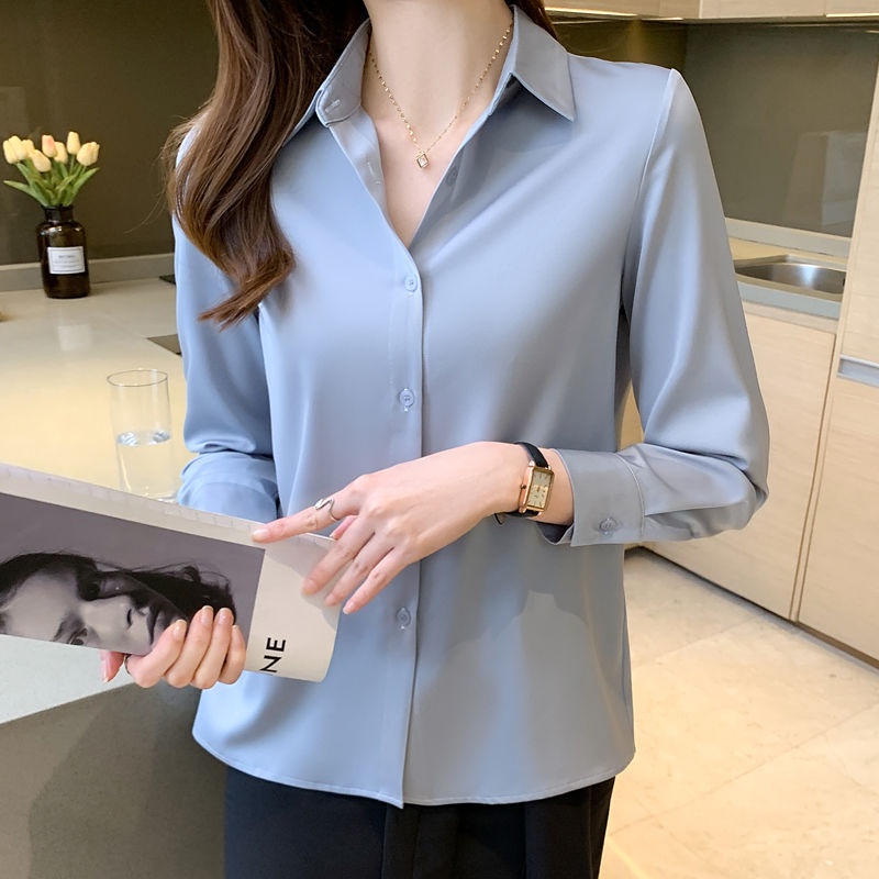 เสื้อเชิ้ตแขนยาว ผ้าซาติน สีพื้น แบบมืออาชีพ แฟชั่นสําหรับสตรี
