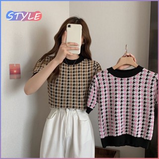 STYLE 12322*เสื้อยืดแขนสั้น ​เสื้อไหมพรม คอกลมแชนสั้น ลายชิโนริ2สี