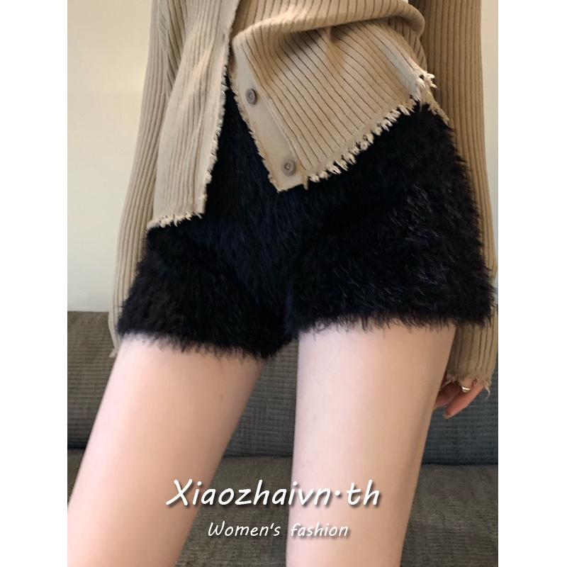 Xiaozhainv กางเกงขาสั้น ผ้าถัก เอวสูง สีพื้น แฟชั่นสไตล์เกาหลี สําหรับผู้หญิง