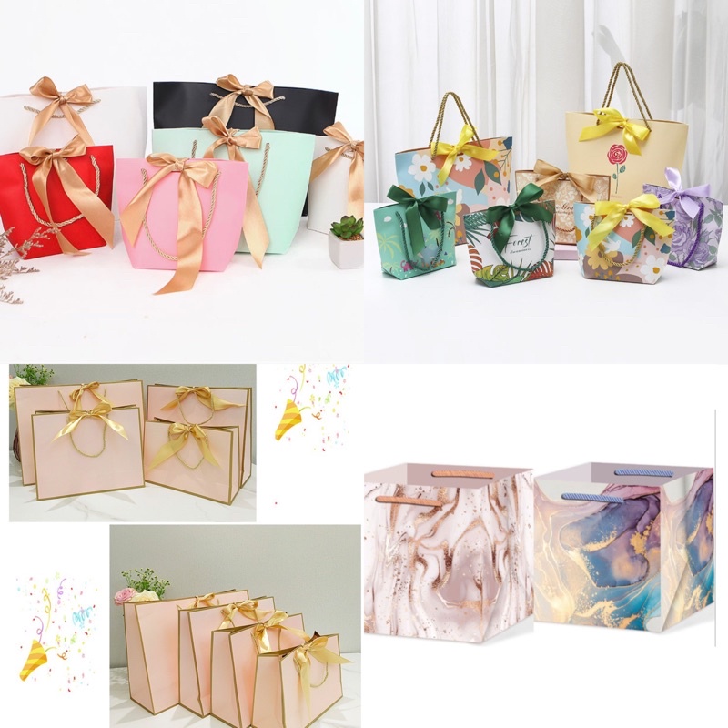 A002 A046 พร้อมส่ง!(ขั้นต้ำ3ใบ คละแบบได้) ถุงกระดาษพร้อมโบว์ ทรงกระเป๋า น่ารักมากก