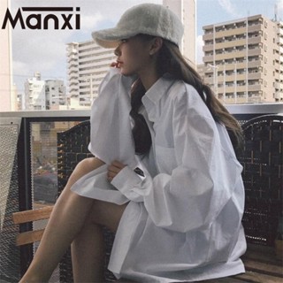 Manxi เสื้อแขนยาวผญ เกาหลี หลวม สีขาว เสื้อมินิมอล A25K015