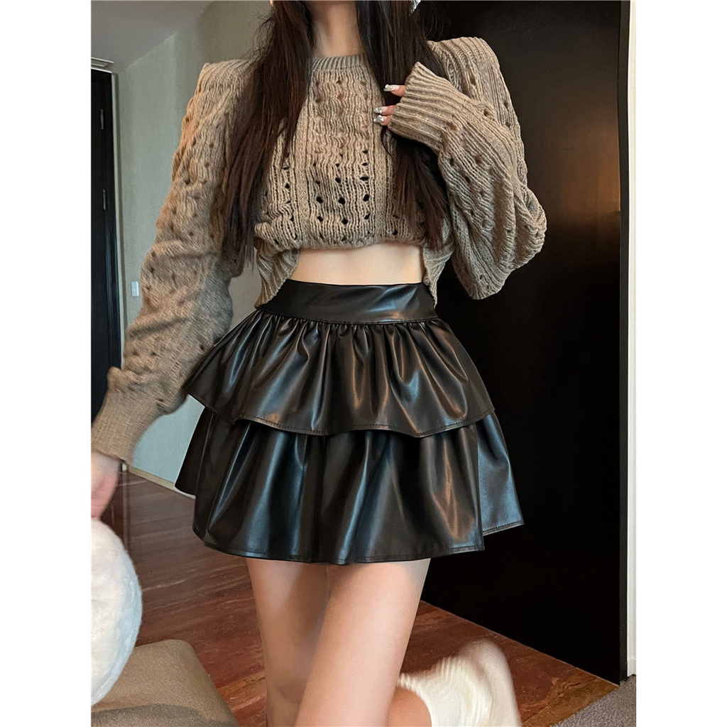 พร้อมส่ง กระโปรงกระโปรงหนัง pu สีดำ สไตล์เกาหลี ใหม่ เอวสูง กระโปรงฟูฟ่อง เซ็กซี่ เค้ก มี 3 สี