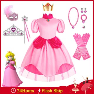 Princess toadstool Peach ชุดคอสเพลย์เจ้าหญิงพีช SUPER MARIO ประดับเลื่อม สีชมพู เหมาะกับของขวัญวันเกิด สําหรับเด็กผู้หญิง