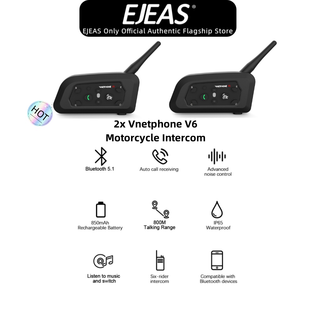 Ejeas Vnetphone V6 ชุดหูฟังบลูทูธ 5.1,2 กันน้ํา IP65 สําหรับหมวกกันน็อครถจักรยานยนต์ Shoei AGV KYT Y