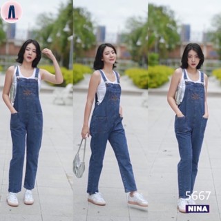 Nina jeans (S-3XL) เอี๊ยมยีนส์ขายาวปักทรงกระบอกฟอกเข้มทรงสวยเป๊ะ #5667