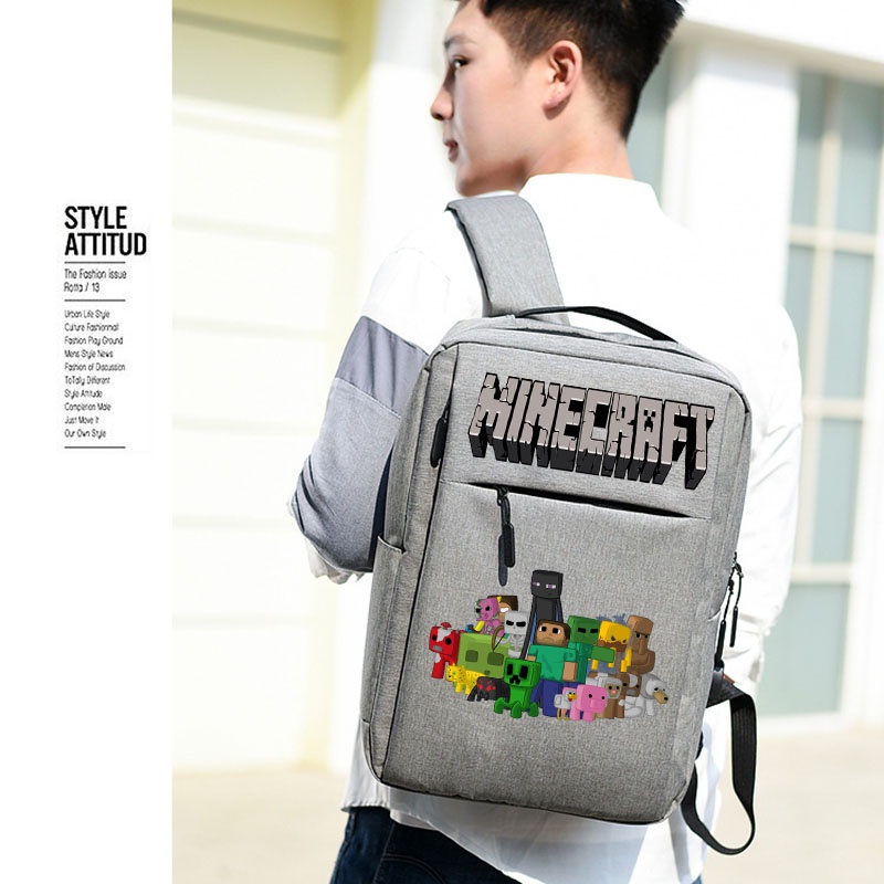 Minecraft กระเป๋าเป้สะพายหลัง กระเป๋านักเรียน ใส่แล็ปท็อป ลายการ์ตูนอนิเมะ อินเตอร์เฟซ USB สําหรับผู้ชาย และผู้หญิง