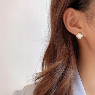 ชุดสร้อยคอ ต่างหู สเตนเลส จี้เพทาย รูปใบโคลเวอร์สี่แฉก สองด้าน