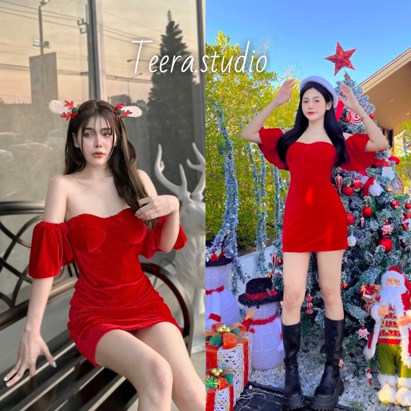 Teera พร้อมส่ง มินิเดรส ผ้ากำมะหยี่ มีฟองน้ำ ทรงเข้ารูป งานสวย ไฮโซมาก คริสมาสต์ christmas Tag:goodluck