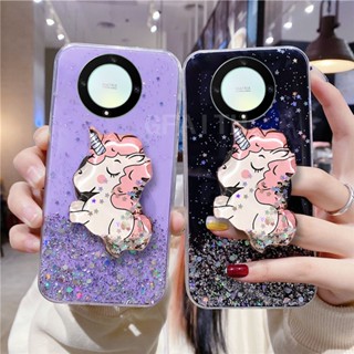 ใหม่ เคสโทรศัพท์มือถือแบบนิ่ม ใส ลายการ์ตูนยูนิคอร์น ท้องฟ้ากลางคืน ระยิบระยับ พร้อมที่ตั้งวาง แฟชั่น สําหรับ Huawei HONOR X9a 5G X9 5G 4G X8 X7 HONOR X9a HonorX9A 2022