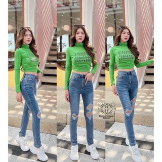 กางเกงยีนส์ขายาวเอวสูงเเต่งขาดหน้า S-6XL 👖👖