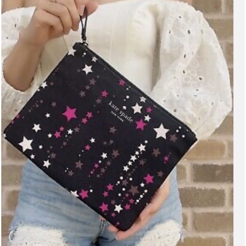 Kate Spadeแท้💯% รุ่นLarge Canvas Cosmetic Zip Twinkle Star Pouch in Black Pink
