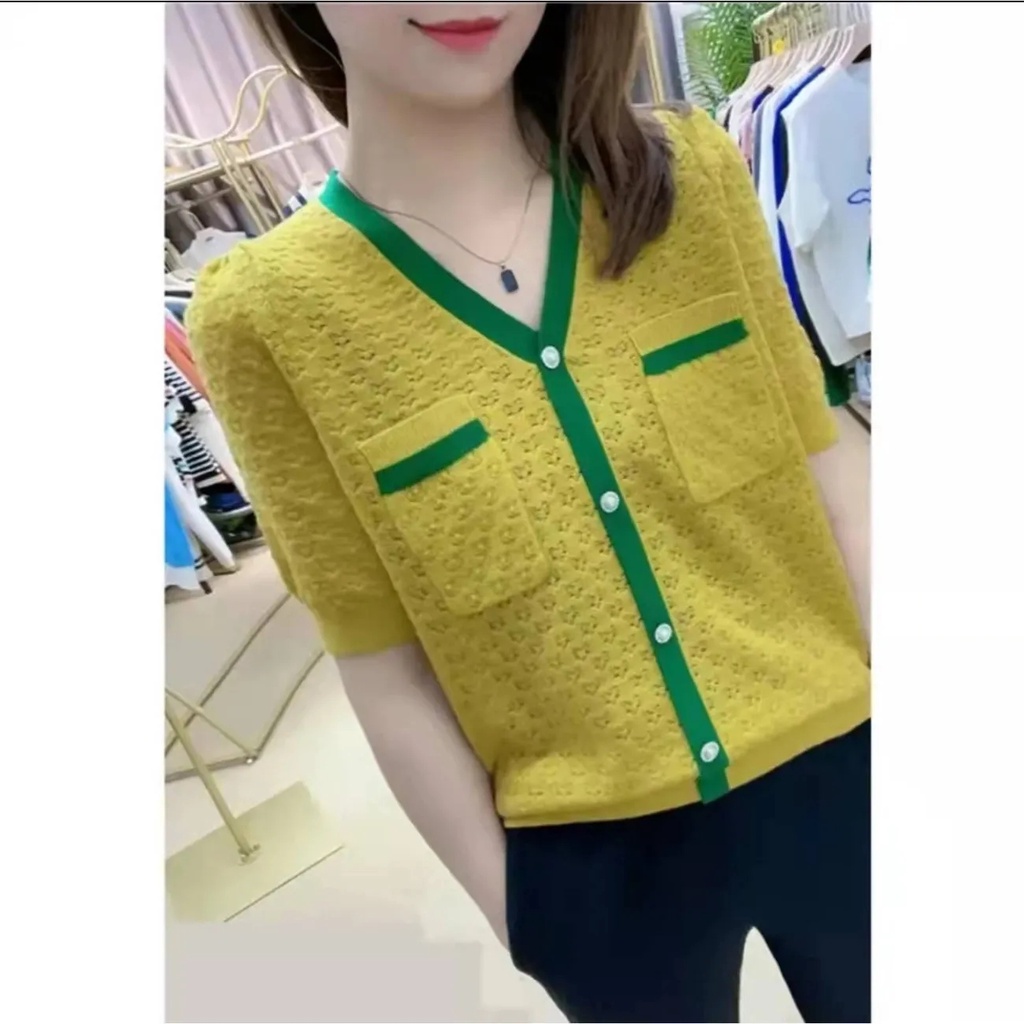 [40-90 กก.] คอวีสี-Blocking แฟชั่นเสื้อกันหนาวผ้าไหมน้ําแข็งกลวงหลวม Slimmer ดูเสื้อสวมหัวแขนสั้นเสื้อยืด