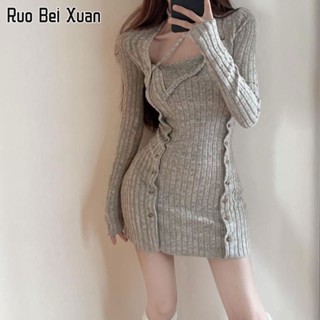 RUO BEI XUAN เดรสผ้าถักสตรีสไตล์เกาหลีใหม่แฟชั่นสลิมสีทึบเดรสคอคล้องคอ