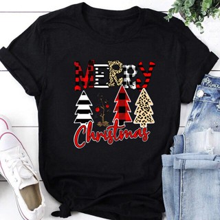 เสื้อยืด New Fashion Love Christmas Print White T Shirts for Women Casual O-neck Short Sleeve Y2k Top T-shirt