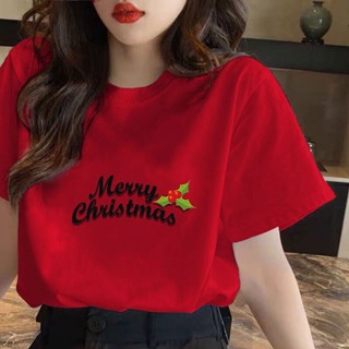 เสื้อยืด Korean tees Round neck cartoon christmas pattern Printed t-shirt oversized tshirt for men women clothes DW157