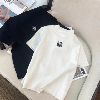 Aw 2022 เสื้อเชิ้ตแขนสั้น ผ้าถัก คอสูง ปักลายตัวอักษร สีขาว ทรงสลิม สําหรับผู้หญิง
