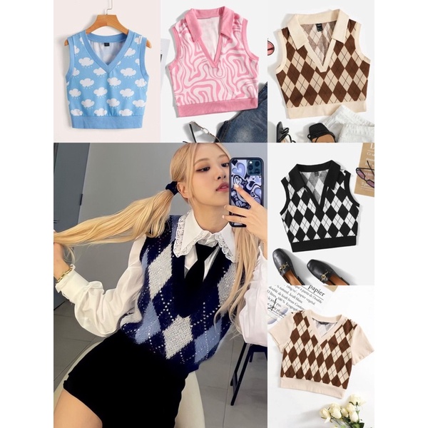 เสื้อครอป เสื้อกล้าม ทรงเรขาคณิต ลายสี่เหลี่ยมข้ามหลามตัด(พรีออเดอร์)