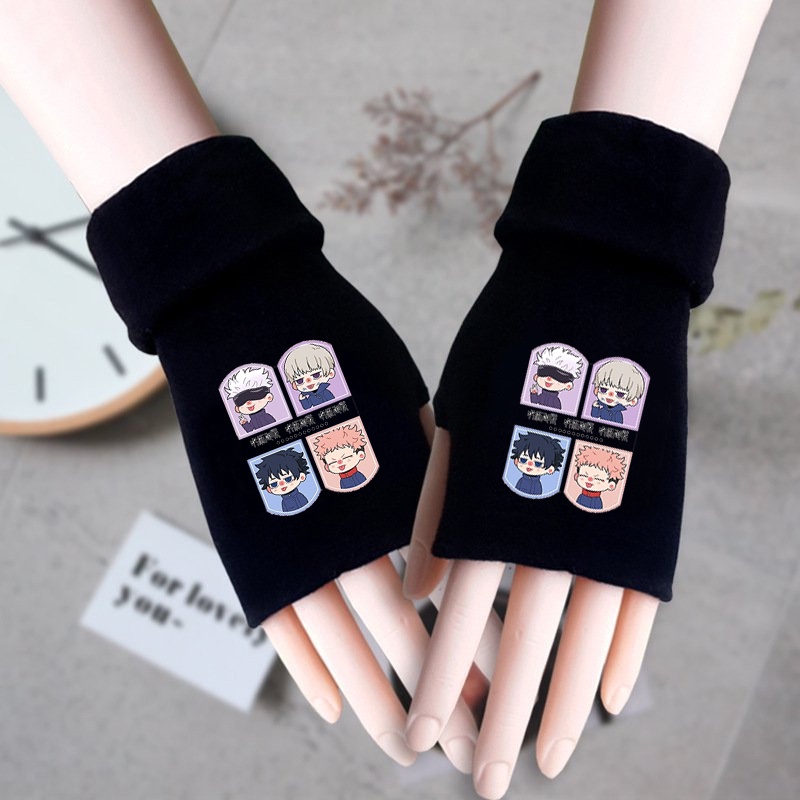 JUJUTSU KAISEN ver 4 PERSONS พิมพ์ถุงมือขนสัตว์ไร้นิ้ว chibi อะนิเมะแฟชั่น war magic