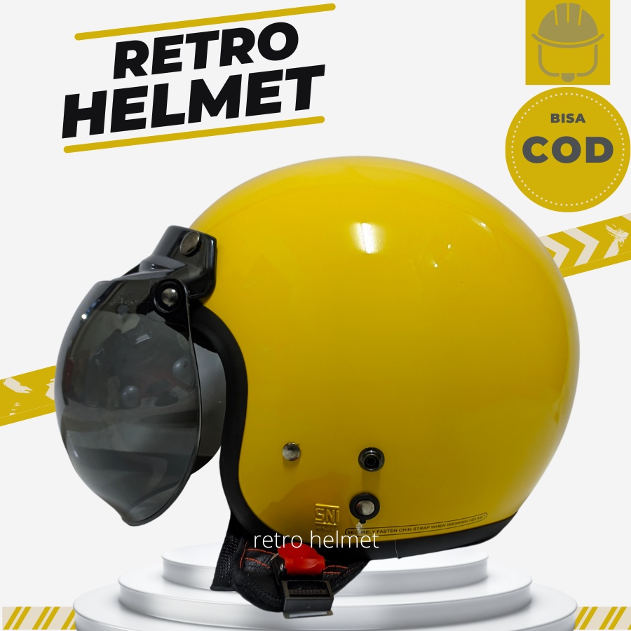 Bogo หมวกกันน็อคผู้ใหญ่ Retro คลาสสิกผู้หญิงผู้หญิงผู้ชาย Hijab แบนแก้วนูนเต็มคอธรรมดาสีเหลือง SNI P