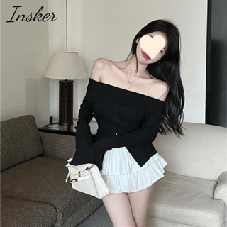 Insker- เสื้อยืดแขนยาว เปิดไหล่ข้างเดียว และกระโปรงพลีท เอวสูง ทรงเอ แฟชั่นฤดูใบไม้ร่วง สําหรับผู้หญิง