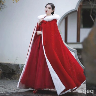 เสื้อคลุมสีแดง Hanfu ผู้หญิงสไตล์จีนปกขนยาวบวกกำมะหยี่หนาแหลมเครื่องแต่งกายโบราณโบราณสไตล์โบราณผ้าคลุมไหล่ฤดูหนาวบวกกำมะ