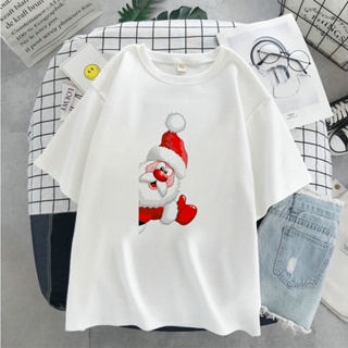 [COD]PrintedMerry Christmas Funny Santa Cartoon Pattern Womens Top Cute Trend All-Match Harajuku Short-Sleeved Shirt Lo