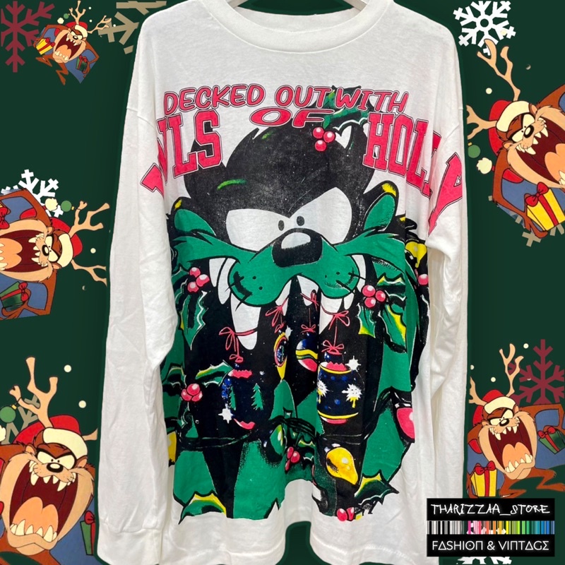 เสื้อยืดแขนยาว ผ้าฟอกสีขาว TAZ MANIA CHRISTMAS