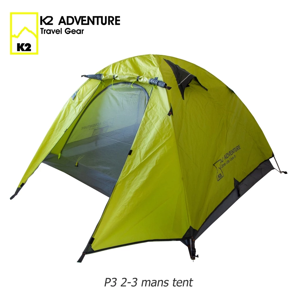 เต็นท์ K2 ADVENTURE รุ่น P3 สีเขียว นอน 2-3 คน เก็บเล็ก น้ำหนักเบาเสาอลู กันฝนกันลม มอเตอร์ไซค์